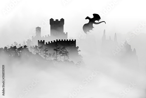 Castle on the top of mountain with forest under the fog clouds and dragon flying in the sky near the fortress. Vector black and white silhouette illustration.