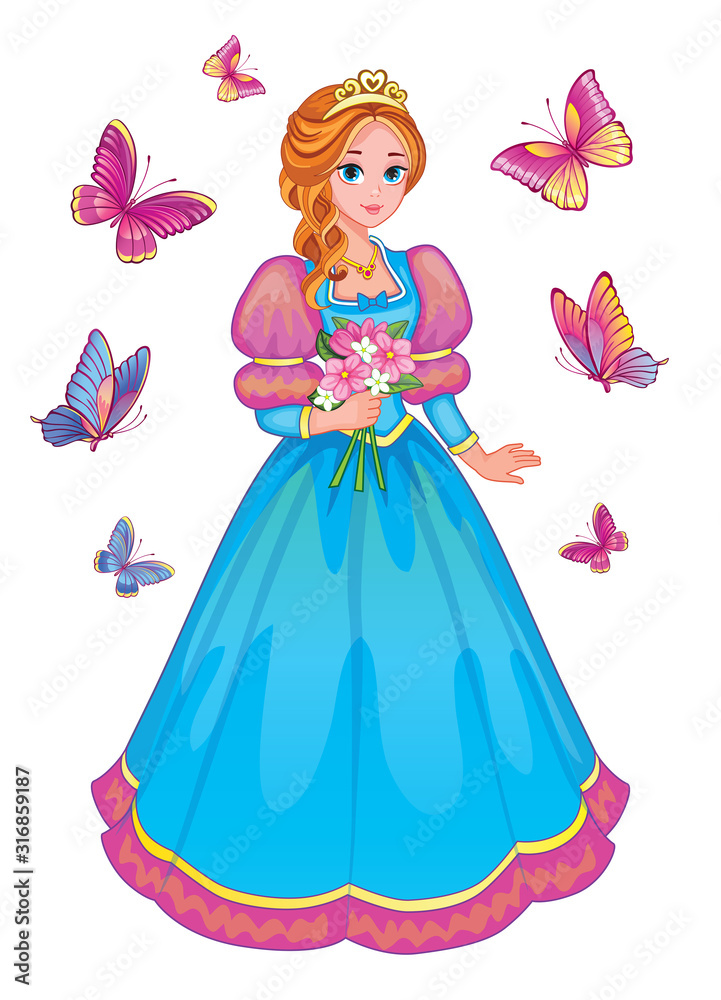 Beautiful fairytale Elf princess with flowers on white background.  Set butterflies. Children's illustration suitable for print and sticker. Isolated illustration. Romantic story. Wonderland. Vector.