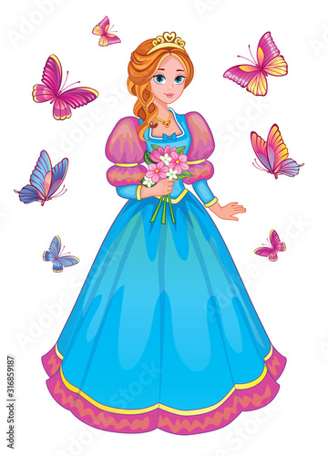 Beautiful fairytale Elf princess with flowers on white background.  Set butterflies. Children's illustration suitable for print and sticker. Isolated illustration. Romantic story. Wonderland. Vector.