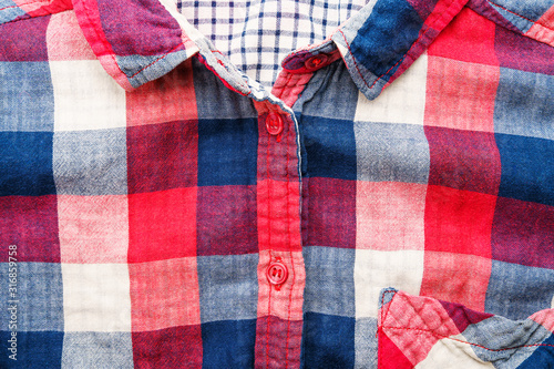 Plaid Material Shirt Background. Front of Shirt Elements: pocket, collar, buttons as Background