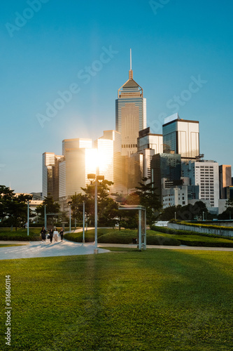 Public park with skyline background, Hong Kong -