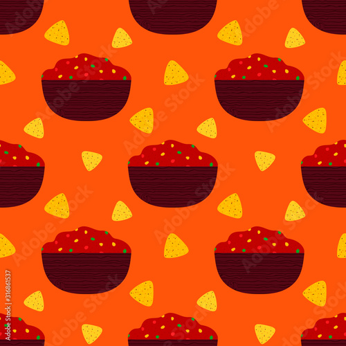 Vector seamless pattern background with salsa sauce and nachos or tortilla chips.