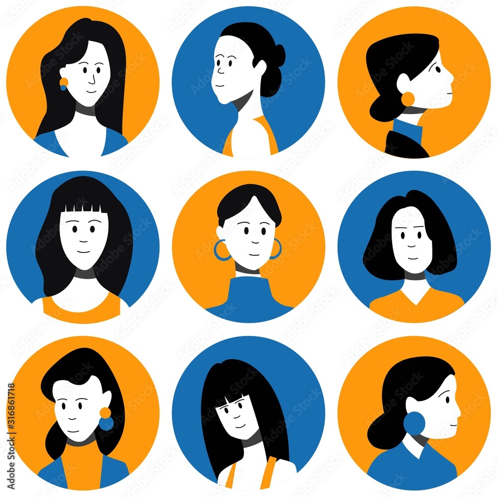 Set of female faces flat vector characters. People icons collection. Set of female faces flat vector characters. People icons collection.
