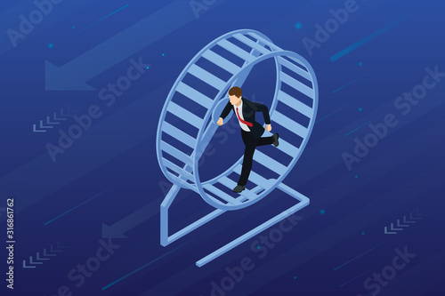 Isometric businessman running in a hamster wheel. The business as hard work, motivation and success concept.