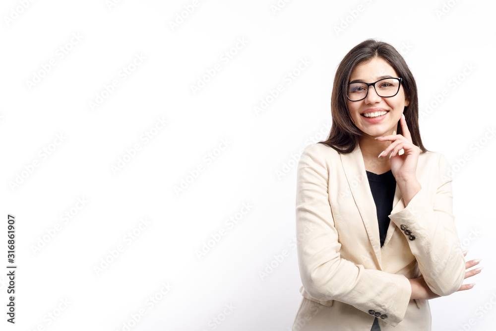 Smiling cute office clerk in glasses touching her chick isolated white background copyspace Smiling cute office clerk in glasses touching her chick isolated white background copyspace
