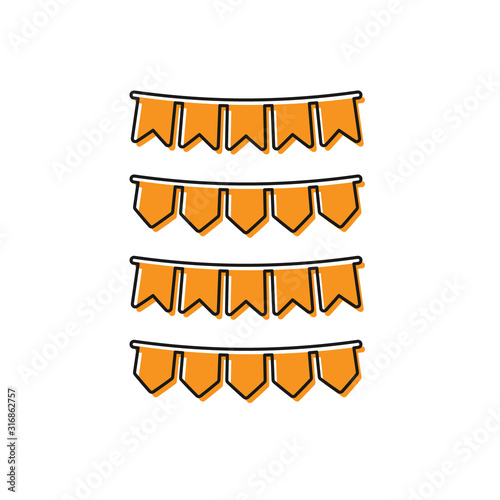 Orange Carnival garland with flags icon isolated on white background. Party pennants for birthday celebration, festival and fair decoration.  Vector Illustration