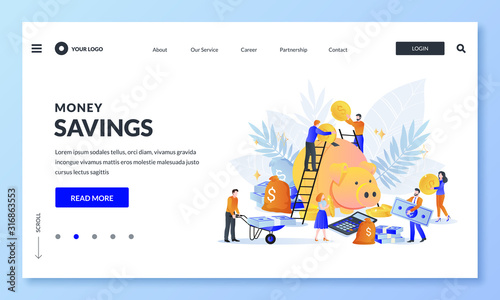 Money economy and save or retirement savings. Vector illustration. People putting money to piggybank