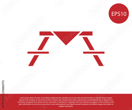 Red Picnic table with benches on either side of the table icon isolated on white background.  Vector Illustration