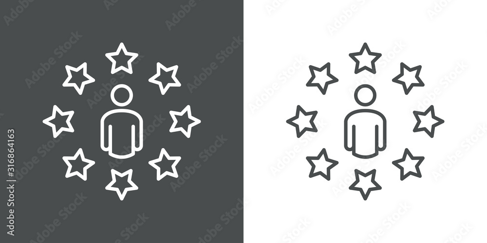 Símbolo evaluación. Icono plano lineal hombre de negocios rodeado de estrellas en fondo gris y fondo blanco - obrazy, fototapety, plakaty 