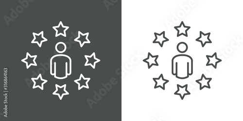 Símbolo evaluación. Icono plano lineal hombre de negocios rodeado de estrellas en fondo gris y fondo blanco