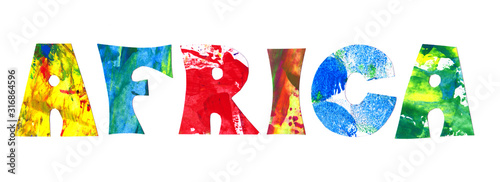 Colorful watercolor paper collage of word AFRICA isolated on white background. Bold lettering sign for your design. African logotype.