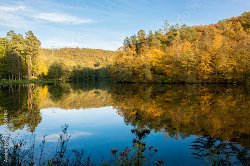 Fototapeta Naklejka Na Ścianę i Meble -  Autumn forest reflecting on the surface of a dam lit by the sun