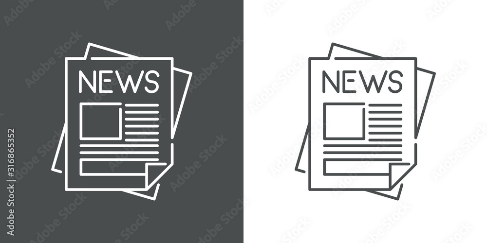 Símbolo noticias. Icono plano lineal hojas de periódico en fondo gris y fondo blanco