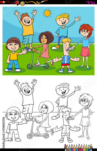 kids and teens characters group color book page