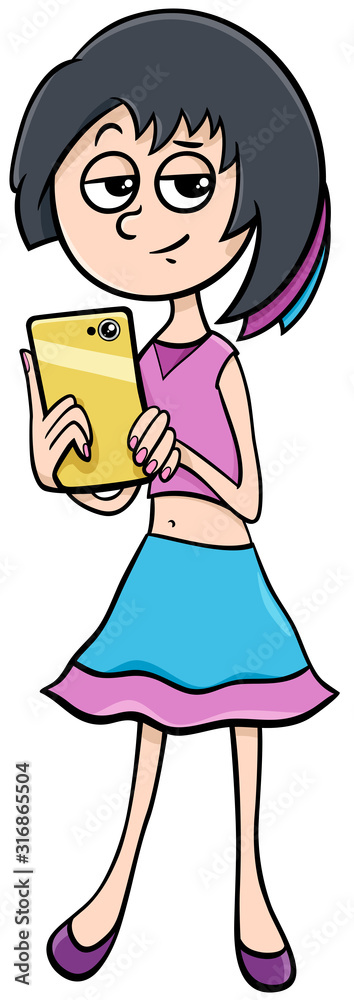 teen girl character with phone cartoon illustration teen girl character with phone cartoon illustration