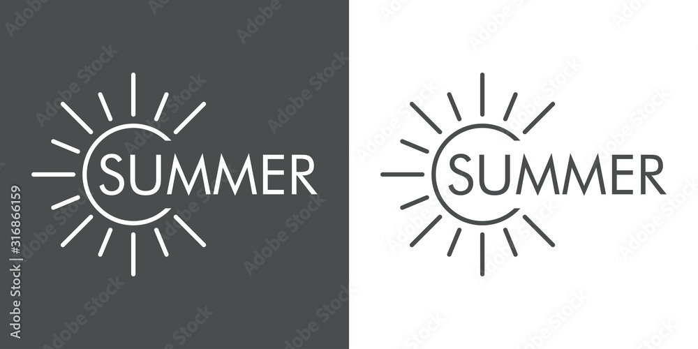 Concepto de vacaciones y viajes. Logotipo lineal sol con texto SUMMER en fondo gris y fondo blanco