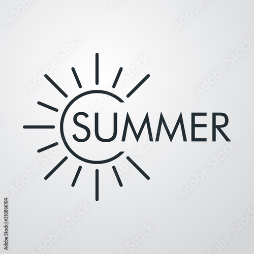 Concepto de vacaciones y viajes. Logotipo lineal sol con texto SUMMER en fondo gris