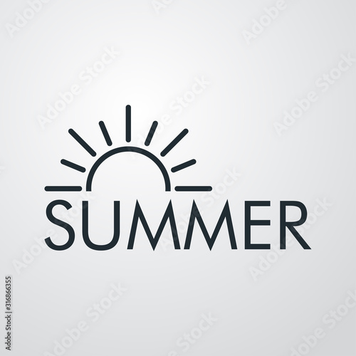 Concepto de vacaciones y viajes. Logotipo lineal sol con texto SUMMER en fondo gris