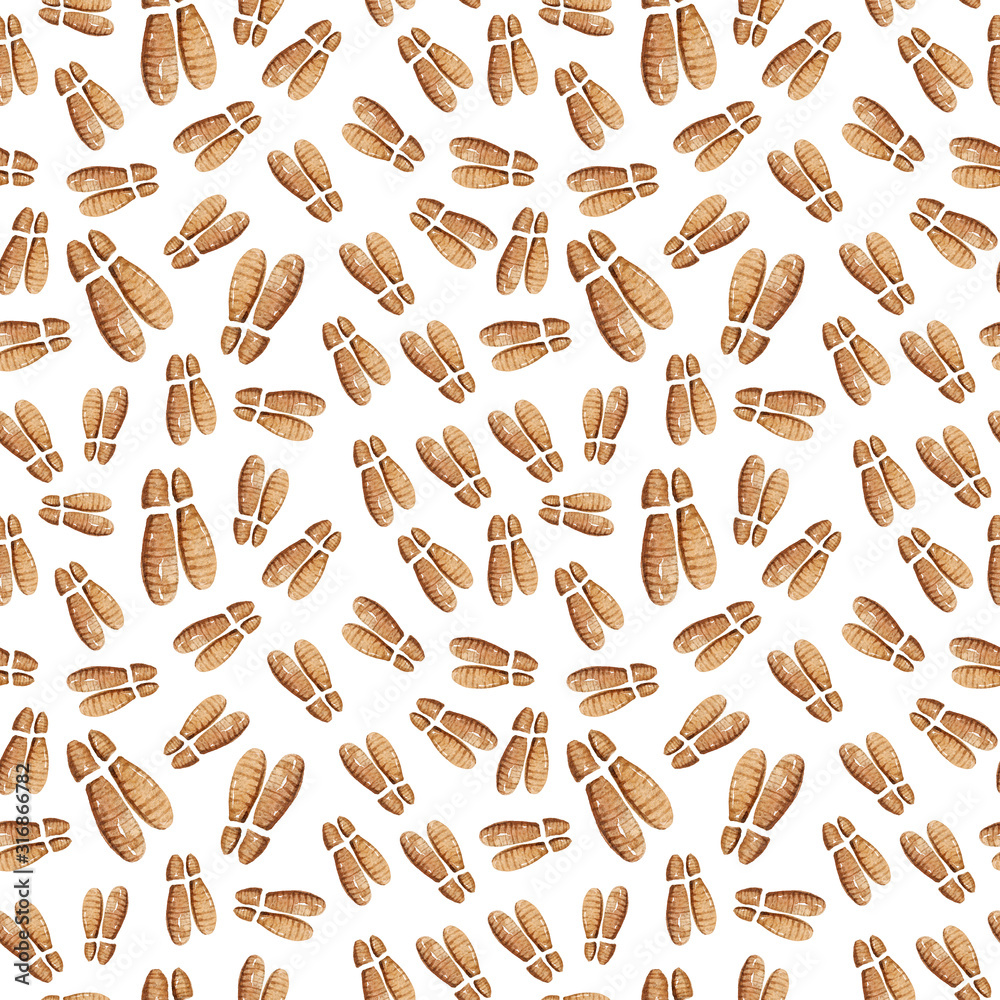 Watercolor hand painted foot steps, seamless pattern. Illustration on white background. Perfect for scrapbooking, wrapping paper, fabric, textile design, wallpaper