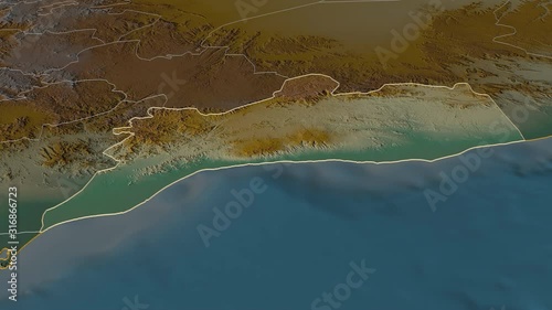 Abyan, governorate with its capital, zoomed and extruded on the relief map of Yemen in the conformal Stereographic projection. Animation 3D photo