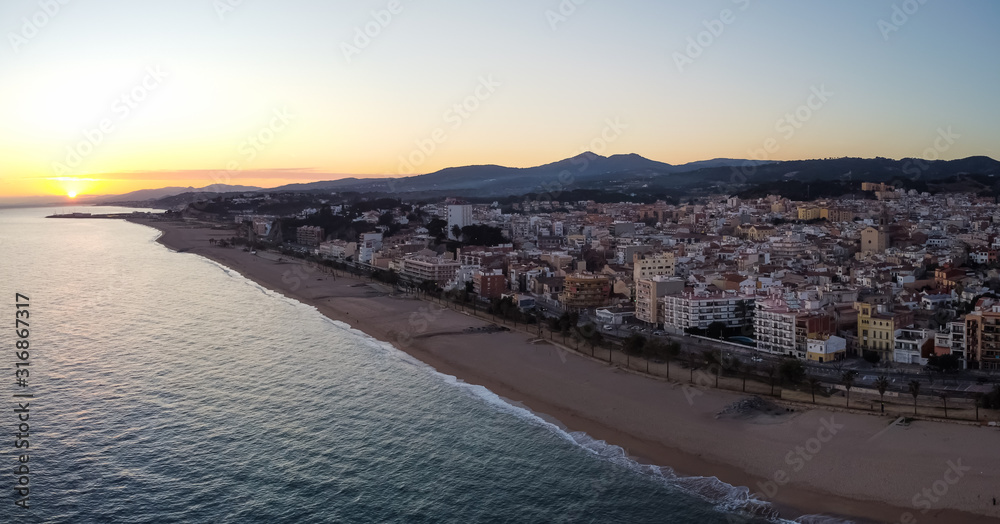 Aerial panoramic view of Canet de Mar in el Maresme coast, Catalonia, Spain.
