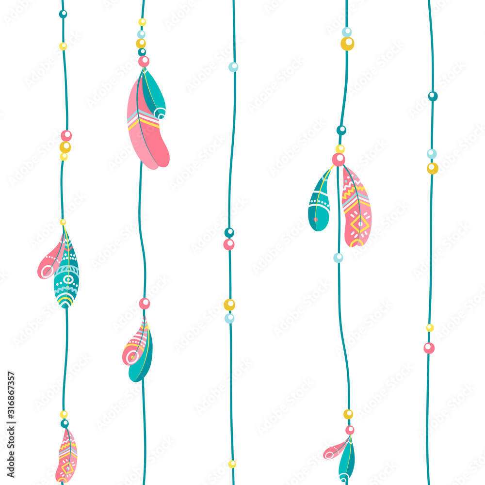 Tribal Feathers. Flat vector Ethnic seamless texture in boho style ...