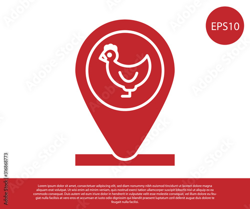 Red Chicken farm and location icon isolated on white background. Vector Illustration