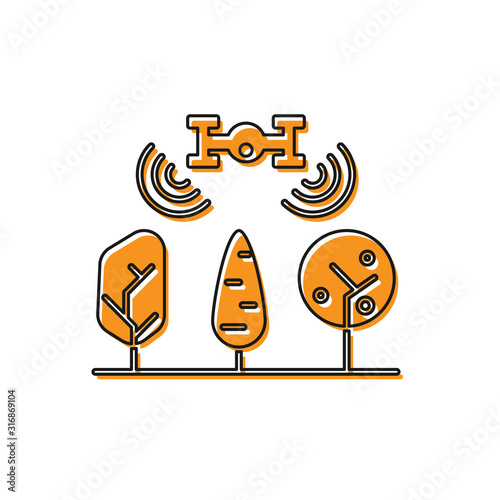 Orange Smart farm with drone control and tree icon isolated on white background. Innovation technology for agricultural company. Vector Illustration