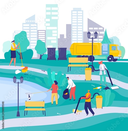 People cleaning city park, cartoon characters vector illustration. Environment volunteers and maintenance service workers. Men and women collecting trash in park, environment activists work together