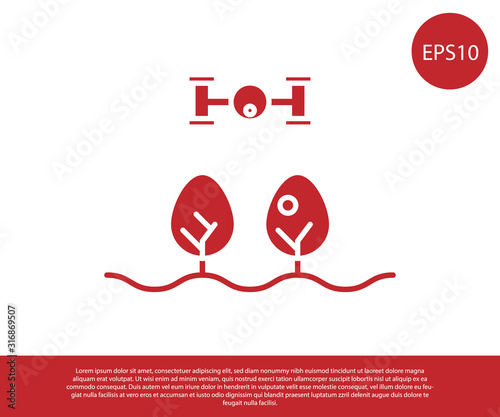 Red Smart farm with drone control and tree icon isolated on white background. Innovation technology for agricultural company. Vector Illustration
