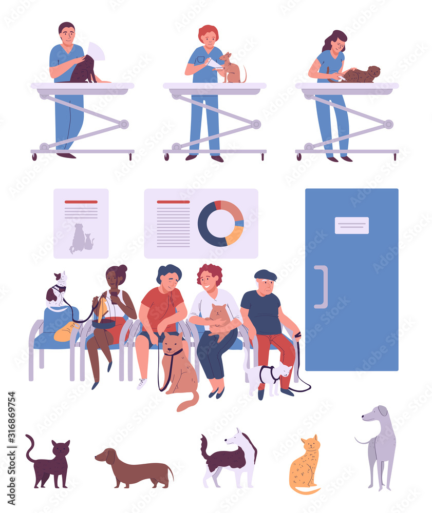People with pets in veterinary clinic, cartoon characters vector illustration. Animal owners in waiting room, professional veterinarian helping dogs and cats. Animal hospital, vet doctor and patients