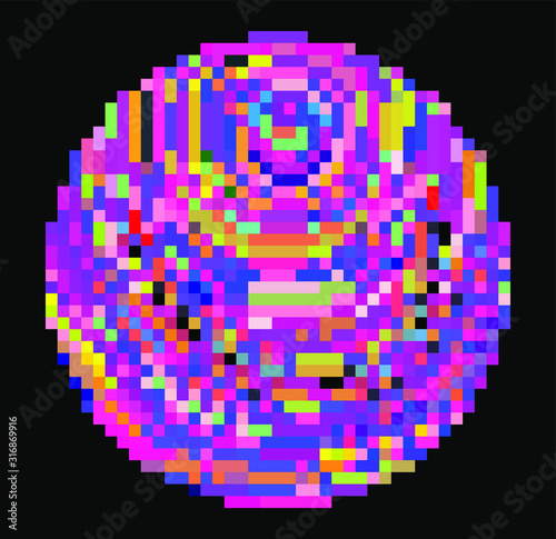 Circle made of colorful random pixels. Generative computer art.