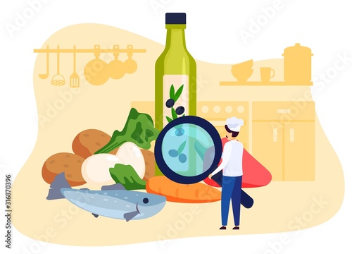 Restaurant chef looking at ingredients of meal recipe, vector illustration. Professional cook in uniform, man cartoon character in kitchen. Food cooking concept, raw products for healthy meal recipe