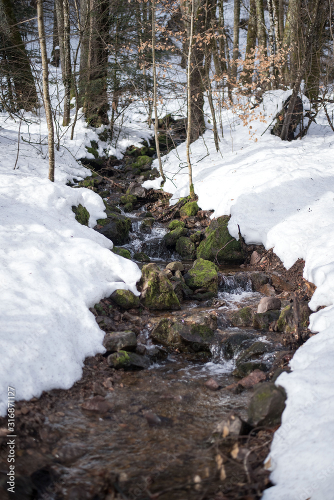 Small creek flows through snowdrifts. Winter forest landscape. Small creek flows through snowdrifts. Winter forest landscape.
