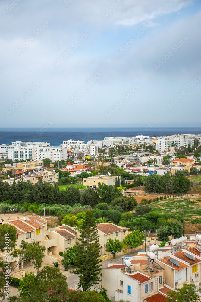 View of the city of Protaras from the top of the mountain, on which the Church of the Prophet Elijah is located.