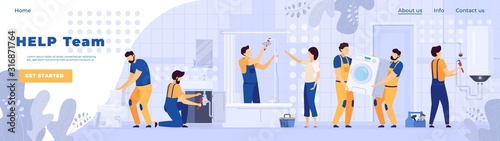 Repair service plumbers worker people in bathroom, vector illustration. Professional team of handymen, cartoon characters. Bathroom furniture installation, sanitary equipment maintenance. Plumber in