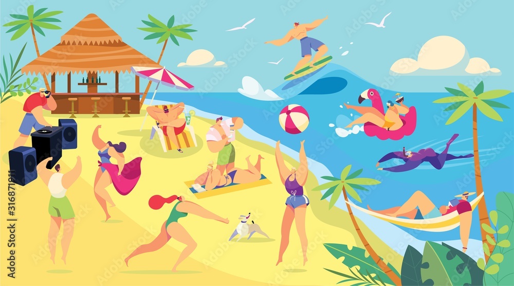Summer vacation beach activities, cartoon characters people vector illustration. Holiday leisure at seaside, men and women sunbathing, swimming, play and relaxing. People enjoying summertime beach