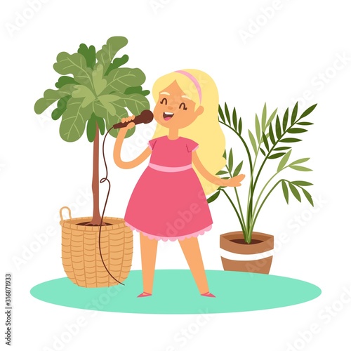 Girl singing karaoke music cartoon character vector illustration. Little girl in pink dress singing songs with microphone in her hand with home plants in pots background isolated on white.