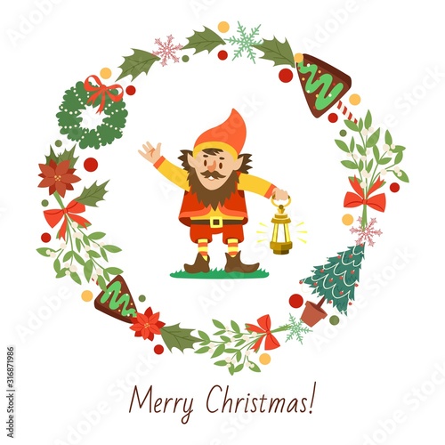 Nisser in Norway and Denmark, Tomtar in Sweden or Tonttu in Finnish, Scandinavian folklore elf vector illustration. Christmas wreath with elf or gnome isolated on white background. Merry Christmas