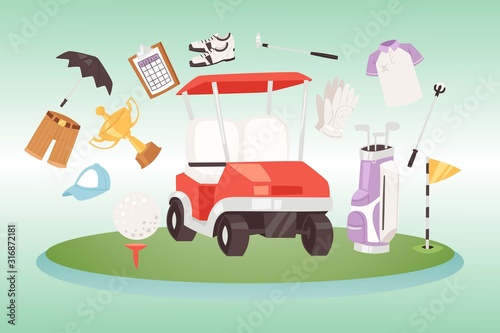Golf and golfing sport design elements vector illustration. Ball and clubs, green area with hole and flag, trophy cup, sportive cloths, heraldic shield and golf car. Infographics for golf game.