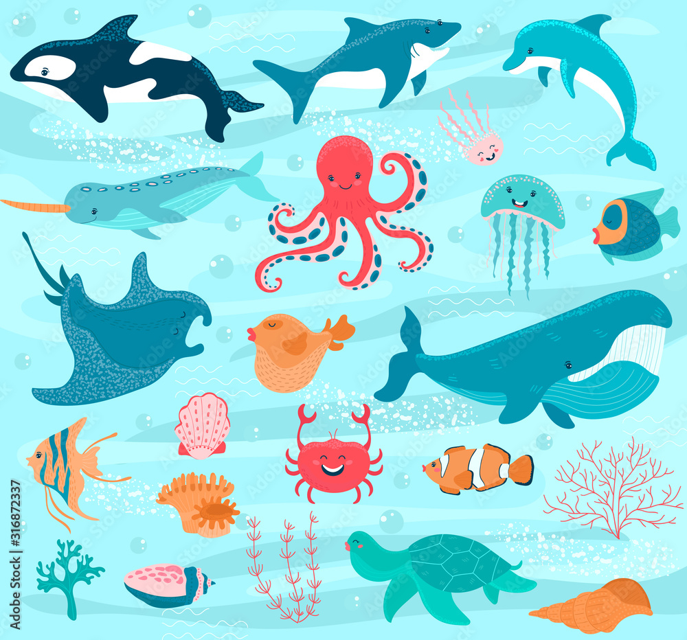 Underwater world, ocean animals cartoon characters, vector illustration.  Whale, dolphin, shark, octopus and manta ray swimming in sea. Life under  water, ocean nature. Fish, narwhal, crab and jellyfish Stock Vector | Adobe