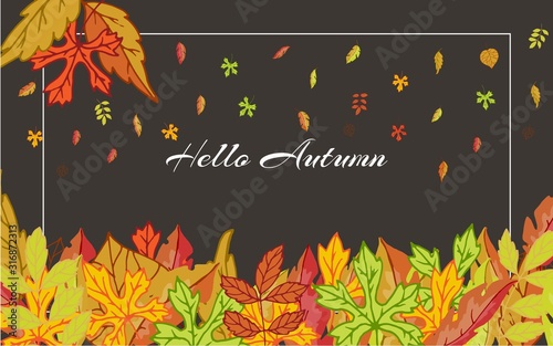 Hello Autumn banner with bright autumn birch, elm, oak, rowan and maple, chestnut, aspen leaves on black background vector illustration. Falling cartoon colorful leaves poster.
