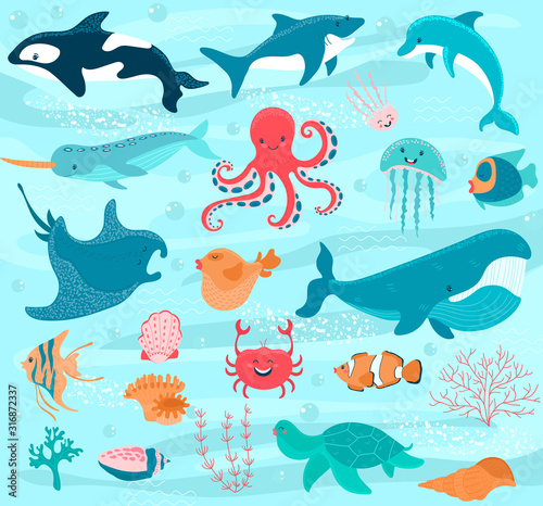 Underwater world, ocean animals cartoon characters, vector illustration. Whale, dolphin, shark, octopus and manta ray swimming in sea. Life under water, ocean nature. Fish, narwhal, crab and jellyfish