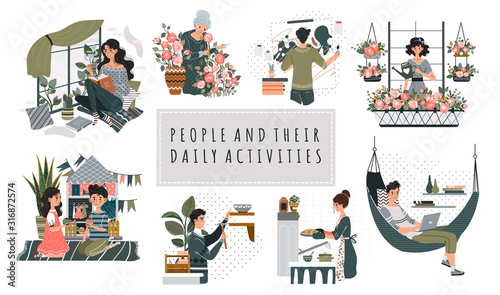 Everyday hobby activity cartoon people characters vector illustration. Leisure at home, pastime for men and women. People reading, painting, baking, gardening and playing. Set of everyday hobbies