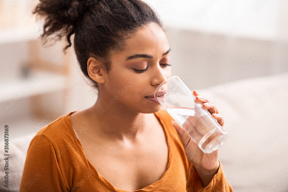 Young Black Lady Drinking Water Sitting On Couch At Home Young Black Lady Drinking Water Sitting On Couch At Home