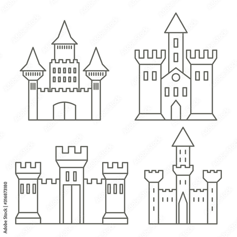 Medieval castles linear icons. Fortress, mansion. Vector graphics.