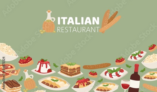 Italian restaurant food banner with pizza, lunch pasta, spaghetti and cheese, desserts and wine vector illustration. Italian cuisine restaurant poster.