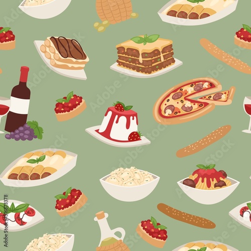 Italian food with cooking pizza, lunch pasta, spaghetti and cheese, desserts and wine seamless pattern vector illustration. Italian food cuisine restaurant background.