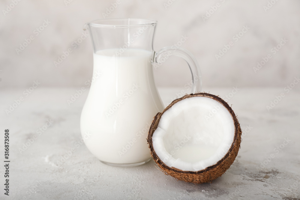 Tasty coconut milk on white background Tasty coconut milk on white background