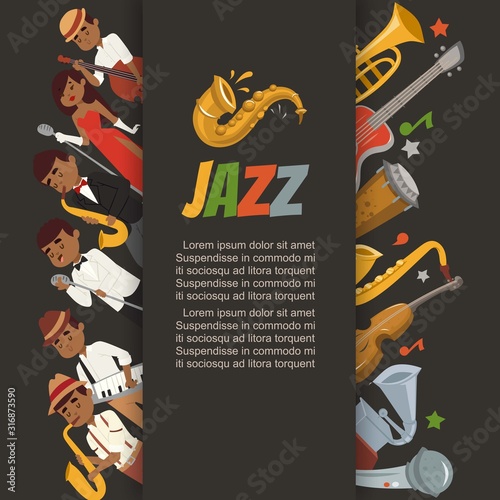 Jazz festival or party with cartoon characters singer, saxophonist and double-bass player and musical instruments poster vector illustration. Jazz concert party invitation.